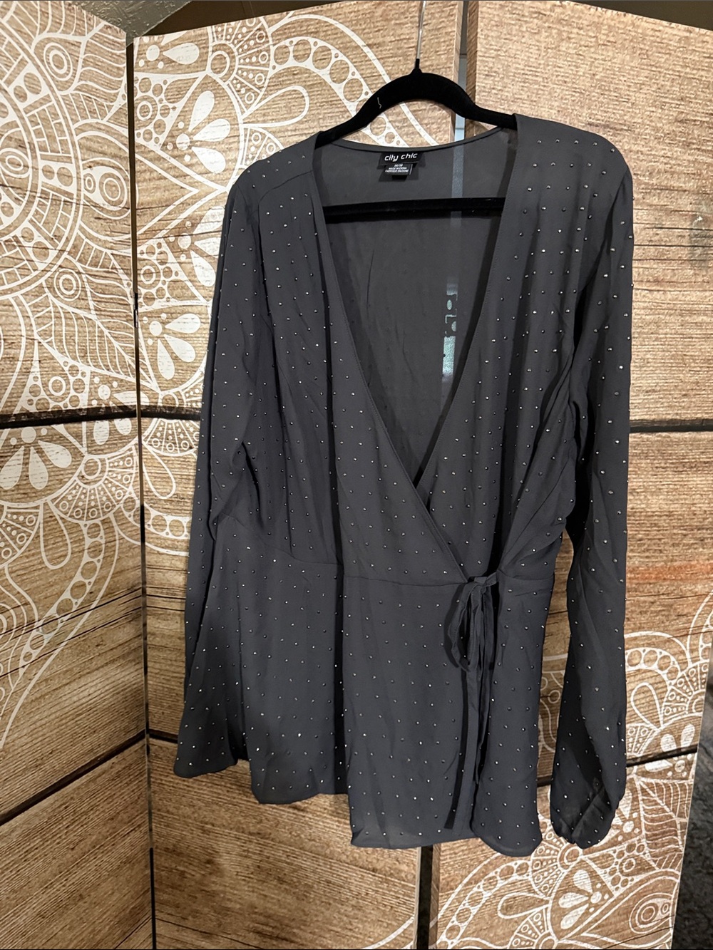 City Chic Gray Wrap Top with Silver Studs